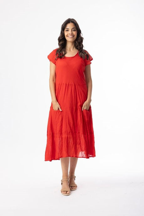 Orientique Womens Cotton Gauze Essentials Dress Bias Pockets - Red