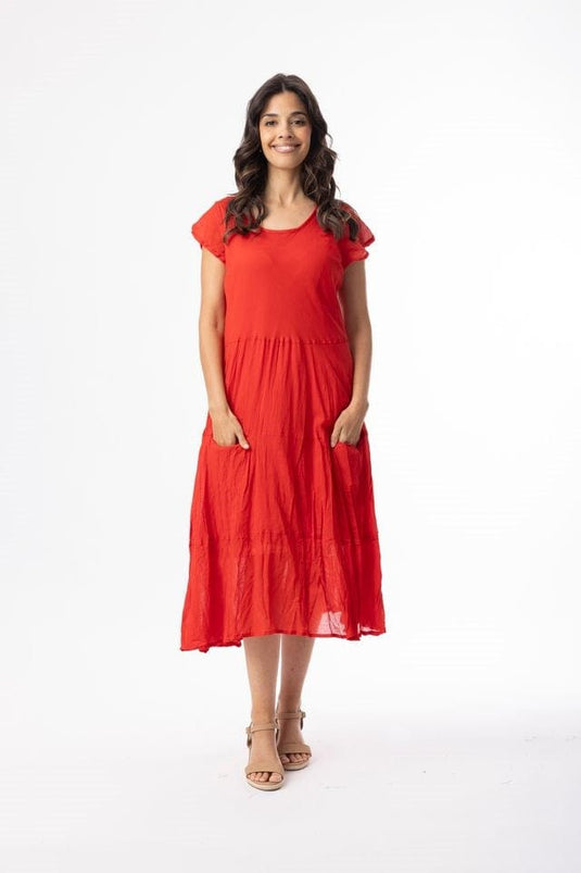 Orientique Womens Cotton Gauze Essentials Dress Bias Pockets - Red