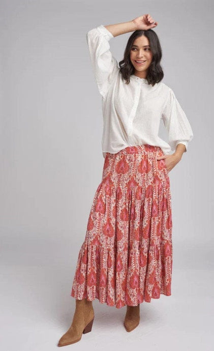 Goondiwindi Cotton Womens Tiered Linen Skirt Flame Print