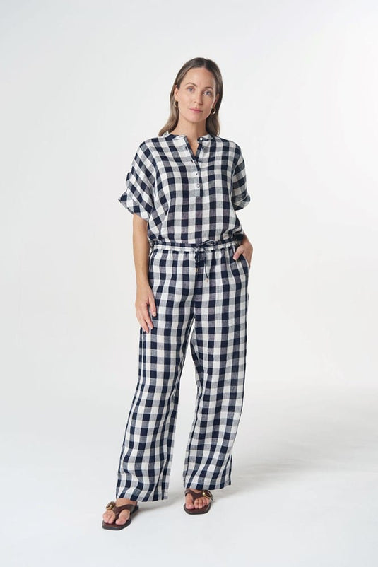 Goondiwindi Cotton Haystack Linen Pant - Dark Navy Check