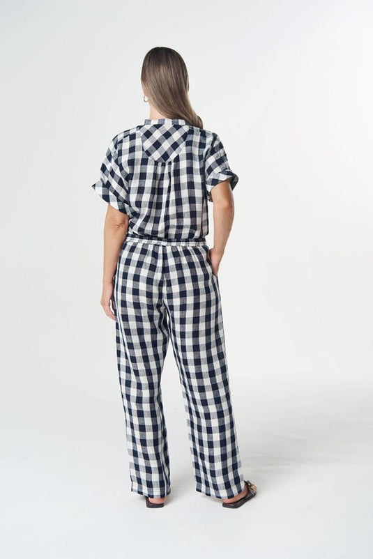 Goondiwindi Cotton Haystack Linen Pant - Dark Navy Check