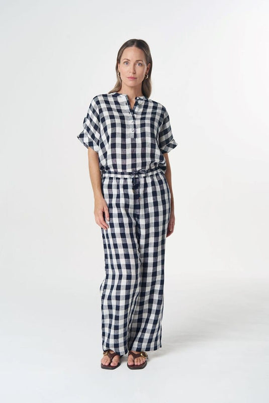 Goondiwindi Cotton Haystack Linen Pant - Dark Navy Check