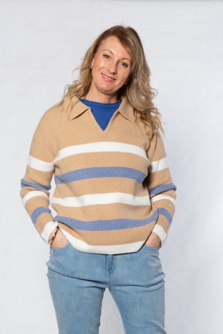 Equinox Womens Johnny Collar Ribbed V-Neck Stripe Sweater - Sand/Blue