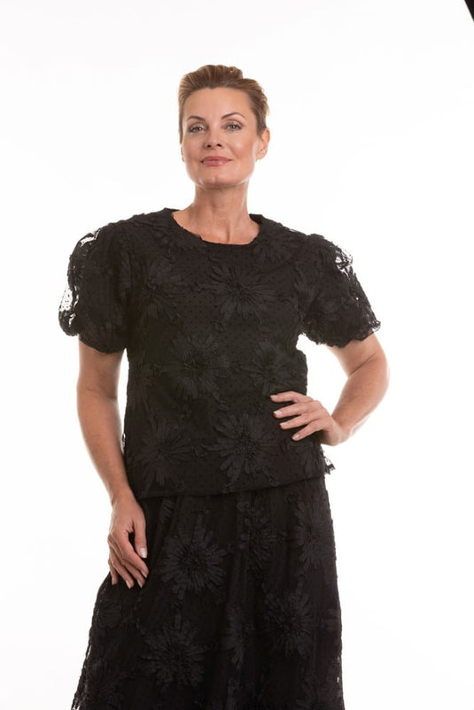 Kleio Womens Black Applique Floral Top