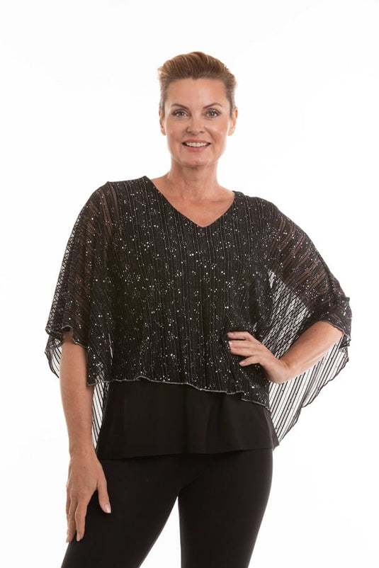 Kleio Womens Black Blouse with Sparkly Shawl