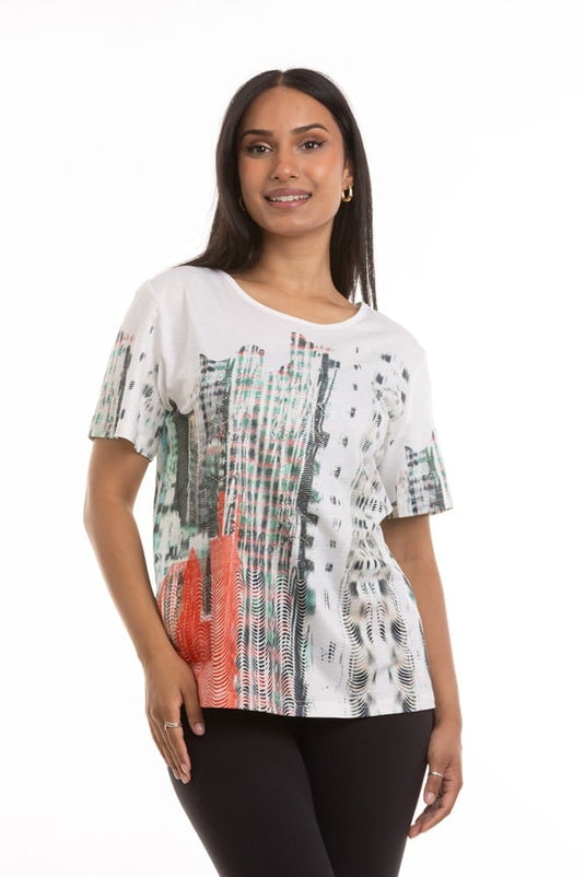 Kleio Womens City Scape Print Blouse with Diamontes - White