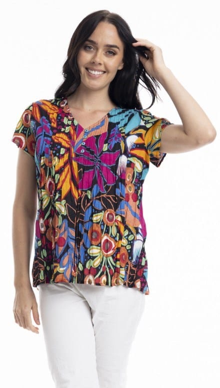 Load image into Gallery viewer, Orientique Womens Copacabana Pleated Short Sleeve Top
