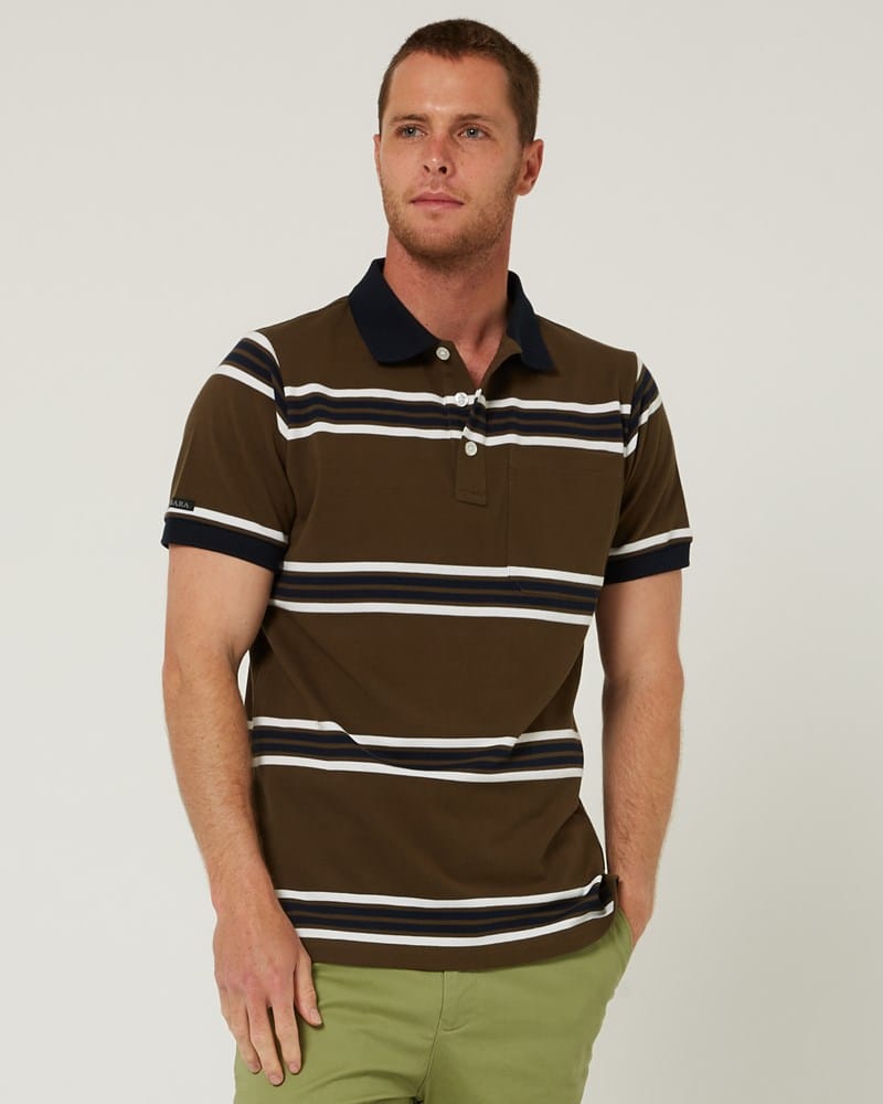 Load image into Gallery viewer, Pilbara Mens Striped Pocket Polo - Olive/White/Navy
