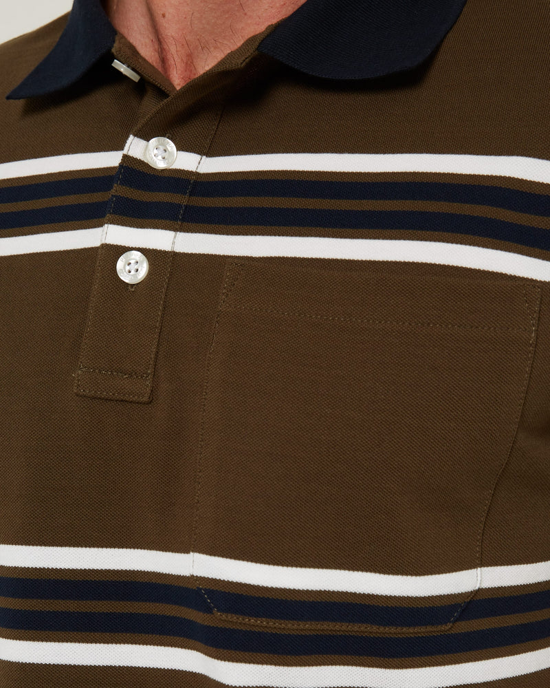 Load image into Gallery viewer, Pilbara Mens Striped Pocket Polo - Olive/White/Navy
