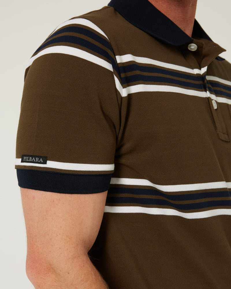Load image into Gallery viewer, Pilbara Mens Striped Pocket Polo - Olive/White/Navy
