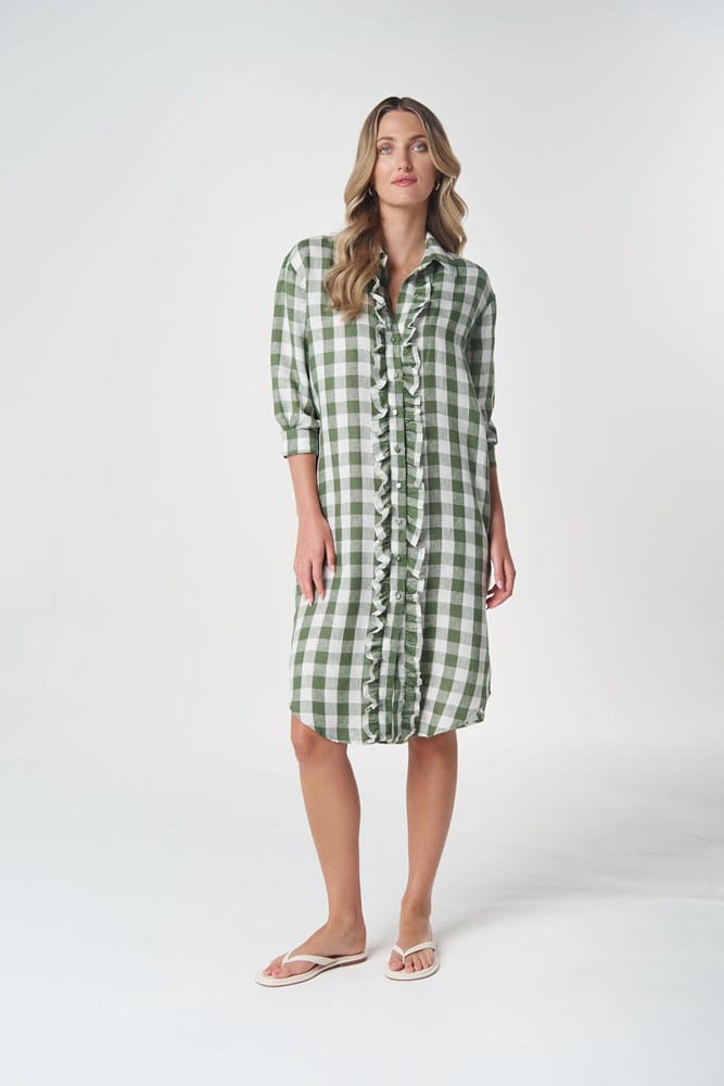 Load image into Gallery viewer, Goondiwindi Cotton Beach Days Frill Linen Dress - Cedar Green

