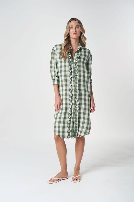 Goondiwindi Cotton Beach Days Frill Linen Dress - Cedar Green