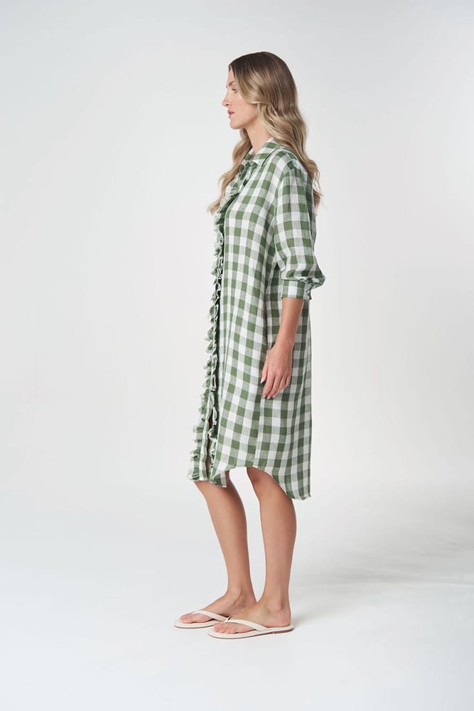 Load image into Gallery viewer, Goondiwindi Cotton Beach Days Frill Linen Dress - Cedar Green
