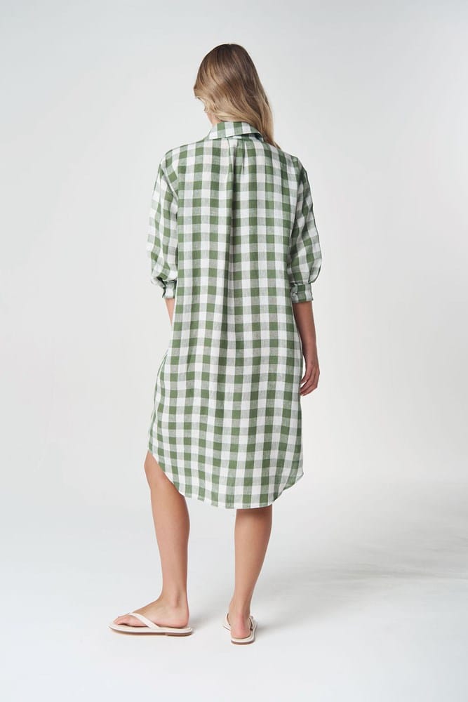 Load image into Gallery viewer, Goondiwindi Cotton Beach Days Frill Linen Dress - Cedar Green
