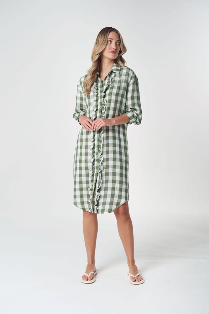 Load image into Gallery viewer, Goondiwindi Cotton Beach Days Frill Linen Dress - Cedar Green
