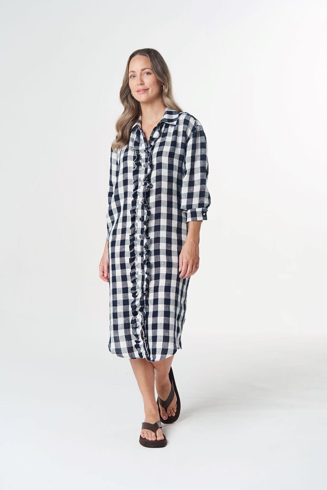 Load image into Gallery viewer, Goondiwindi Cotton Beach Days Frill Linen Dress - Dark Navy

