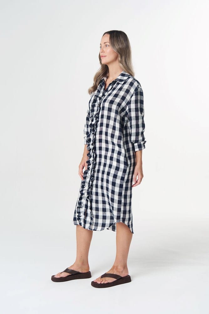 Load image into Gallery viewer, Goondiwindi Cotton Beach Days Frill Linen Dress - Dark Navy
