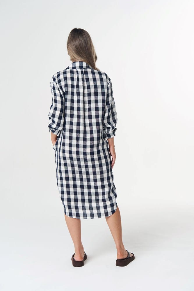 Load image into Gallery viewer, Goondiwindi Cotton Beach Days Frill Linen Dress - Dark Navy
