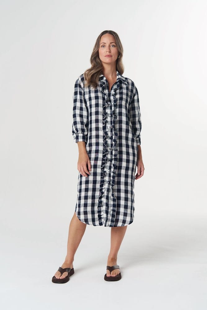 Load image into Gallery viewer, Goondiwindi Cotton Beach Days Frill Linen Dress - Dark Navy
