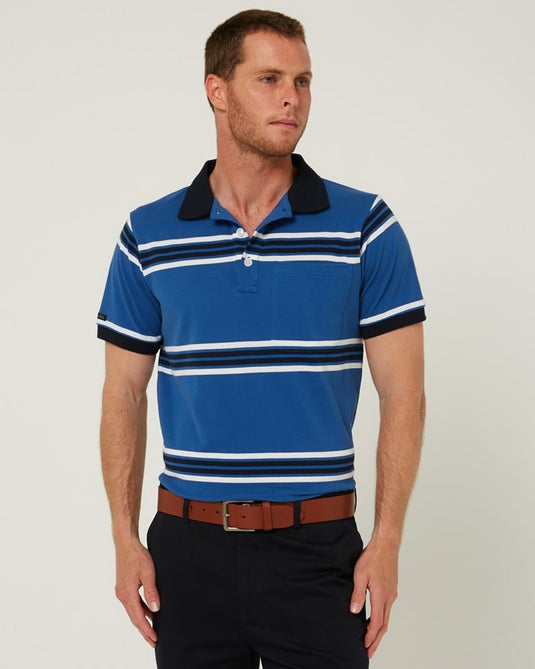 Pilbara Mens Striped Pocket Polo - Deep Blue/White/Navy