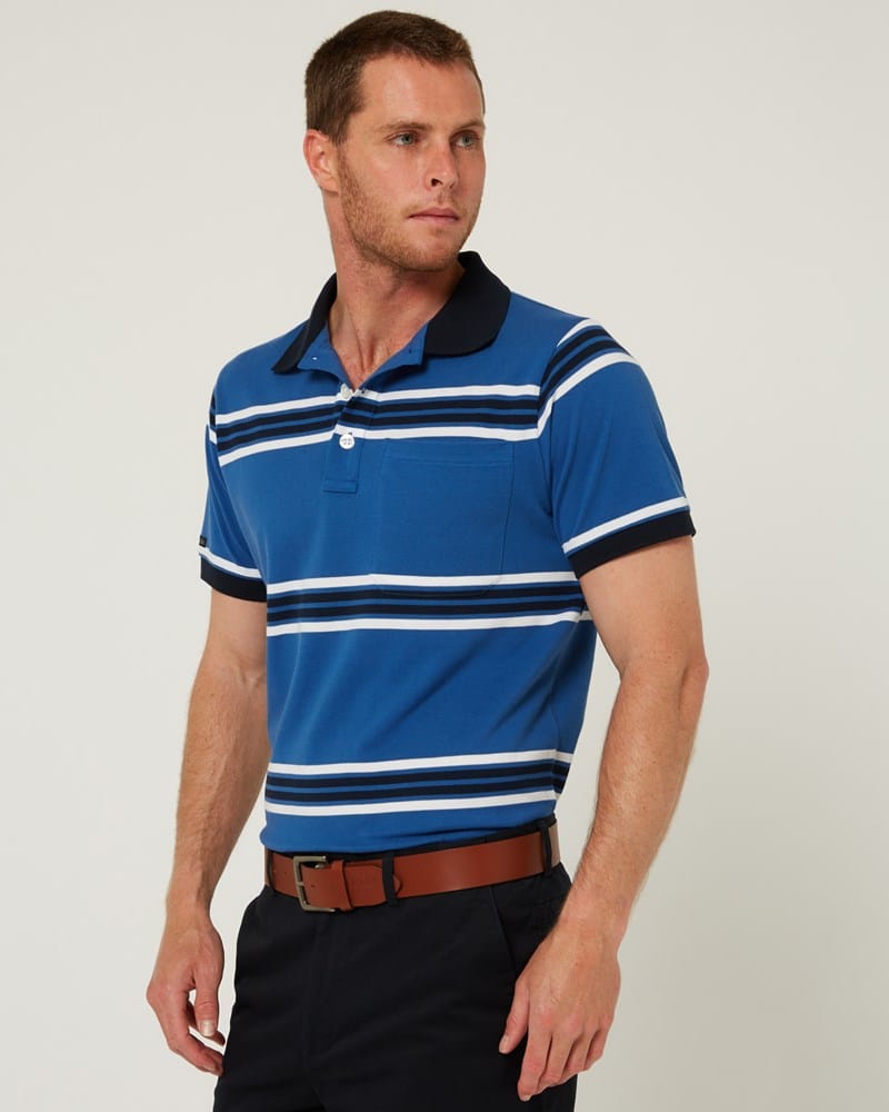 Load image into Gallery viewer, Pilbara Mens Striped Pocket Polo - Deep Blue/White/Navy

