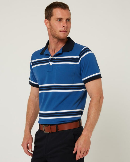 Pilbara Mens Striped Pocket Polo - Deep Blue/White/Navy