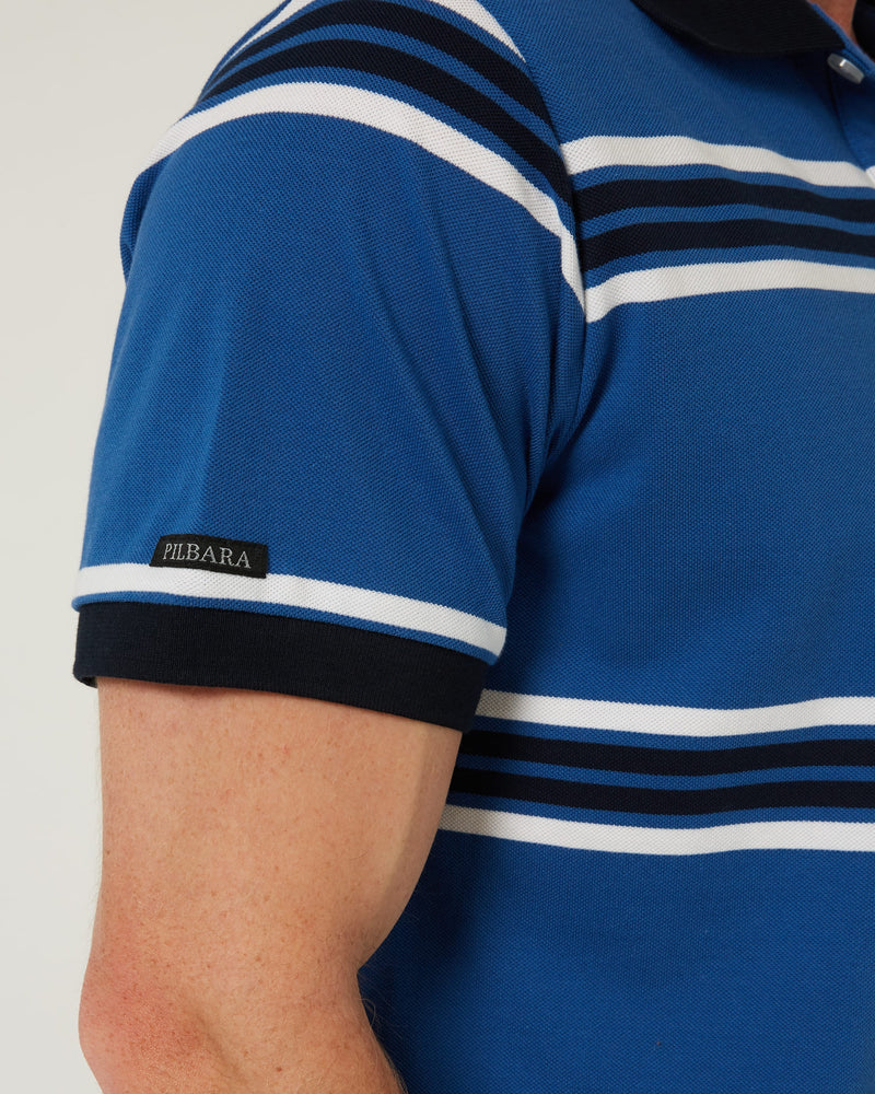 Load image into Gallery viewer, Pilbara Mens Striped Pocket Polo - Deep Blue/White/Navy

