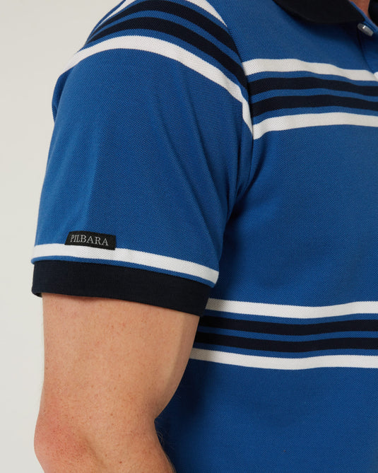 Pilbara Mens Striped Pocket Polo - Deep Blue/White/Navy