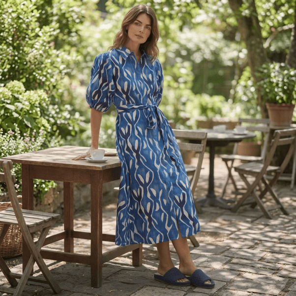 Load image into Gallery viewer, Equinox Womens Ocean Blue Print Belted Shirtmaker Midi Dress

