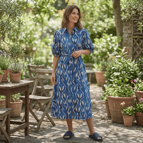 Load image into Gallery viewer, Equinox Womens Ocean Blue Print Belted Shirtmaker Midi Dress
