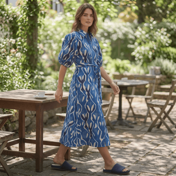Load image into Gallery viewer, Equinox Womens Ocean Blue Print Belted Shirtmaker Midi Dress
