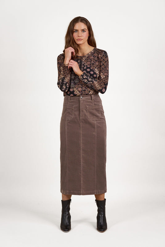 Vassalli Womens Mid Length Cord Skirt - Taupe