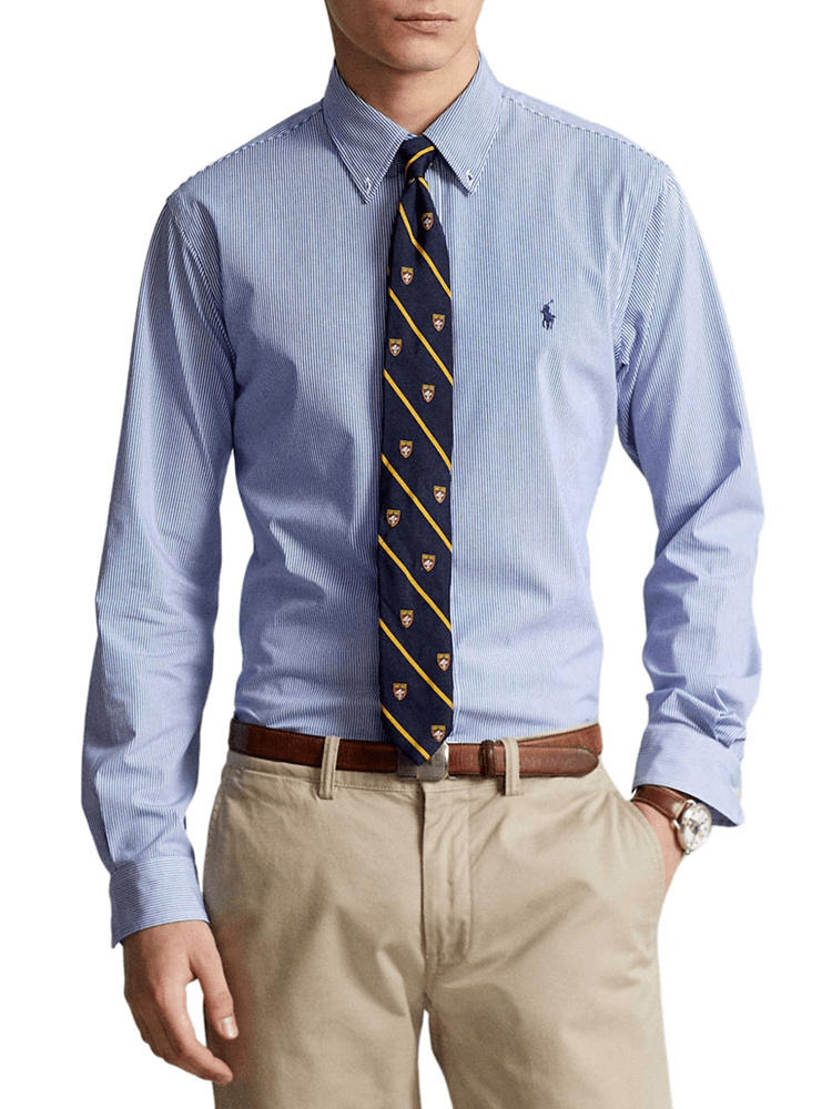Load image into Gallery viewer, Ralph Lauren Mens Custom Fit Stretch Poplin Shirt - Fine Blue Stripe
