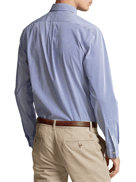 Ralph Lauren Mens Custom Fit Stretch Poplin Shirt - Fine Blue Stripe