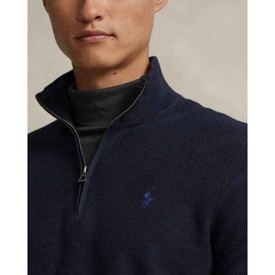 Ralph Lauren Mens Mesh-Knit Cotton Quarter-Zip Sweater