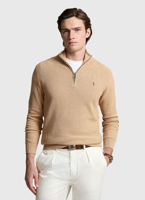 Ralph Lauren Mens Mesh-Knit Cotton Quarter-Zip Sweater