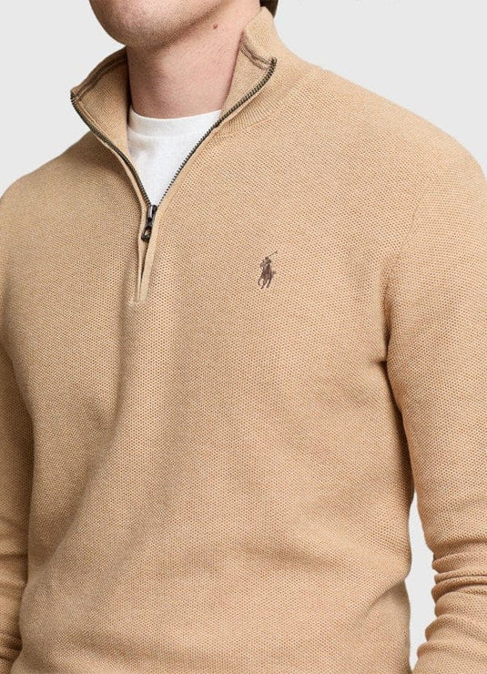 Ralph Lauren Mens Mesh-Knit Cotton Quarter-Zip Sweater