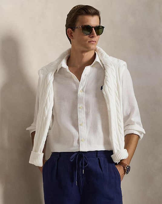 Ralph Lauren Mens Custom Fit Linen Shirt - White
