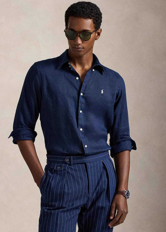 Ralph Lauren Mens Custom Fit Linen Shirt - Navy