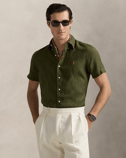 Ralph Lauren Mens Custom Fit Short Sleeve Linen Shirt