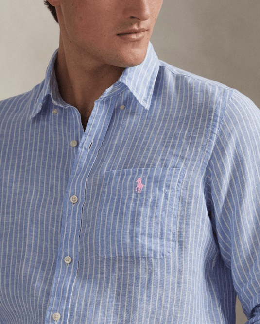 Ralph Lauren Mens Custom Fit Striped Linen Shirt
