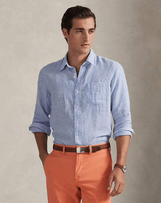 Ralph Lauren Mens Custom Fit Striped Linen Shirt