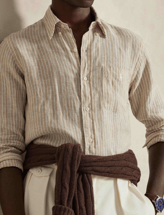 Ralph Lauren Mens Custom Fit Striped Linen Shirt