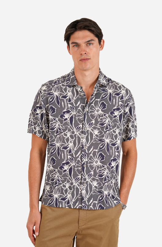 Load image into Gallery viewer, James Harper Mens Short Sleeve Floral Print Linen Blend Shirt Natural

