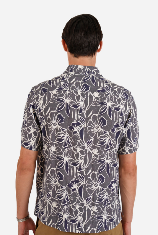 James Harper Mens Short Sleeve Floral Print Linen Blend Shirt Natural
