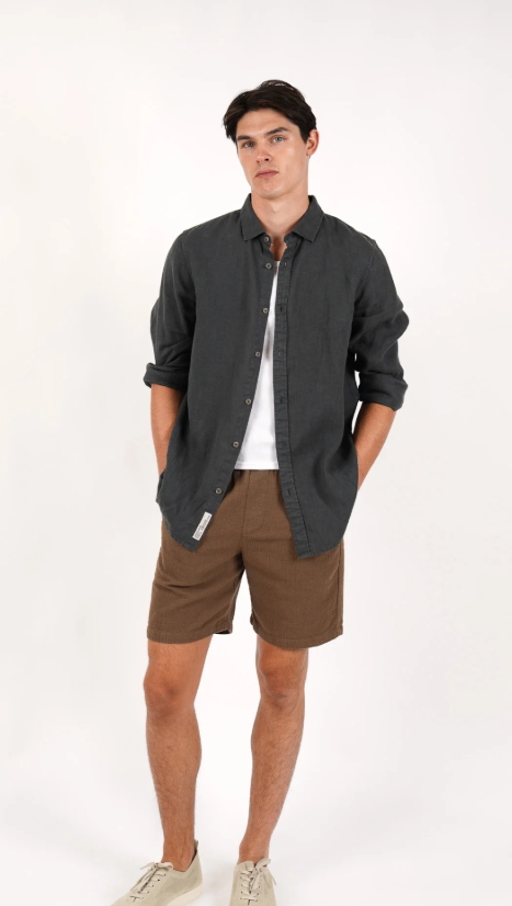 Load image into Gallery viewer, James Harper Mens Pure Linen Long Sleeve Garment Dyed Shirt Charcoal
