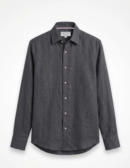 Load image into Gallery viewer, James Harper Mens Pure Linen Long Sleeve Garment Dyed Shirt Charcoal
