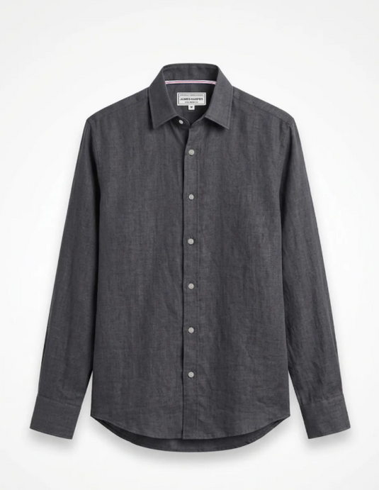 James Harper Mens Pure Linen Long Sleeve Garment Dyed Shirt Charcoal