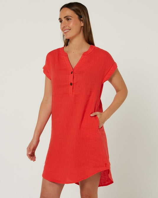 Pilbara Womens Alina Cap Sleeve Linen Dress - Cocoa Brown