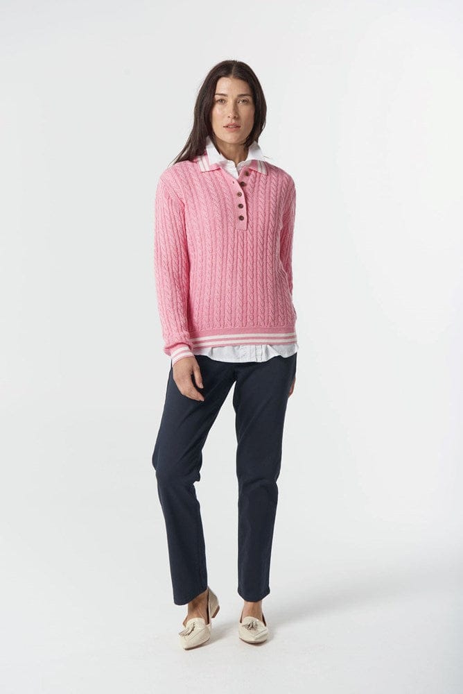 Load image into Gallery viewer, Goondiwindi Cotton Womens Marine Cable Knit Polo - Fondant Pink/Snow
